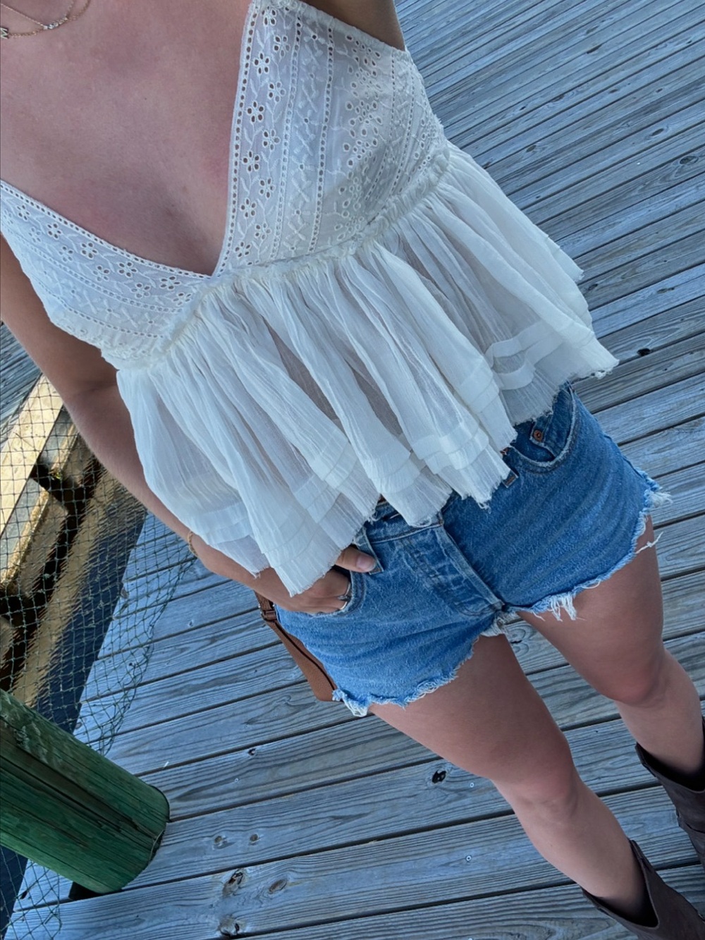 Aeropostale White Eyelet Ruffle V-Neck Peplum Camisole